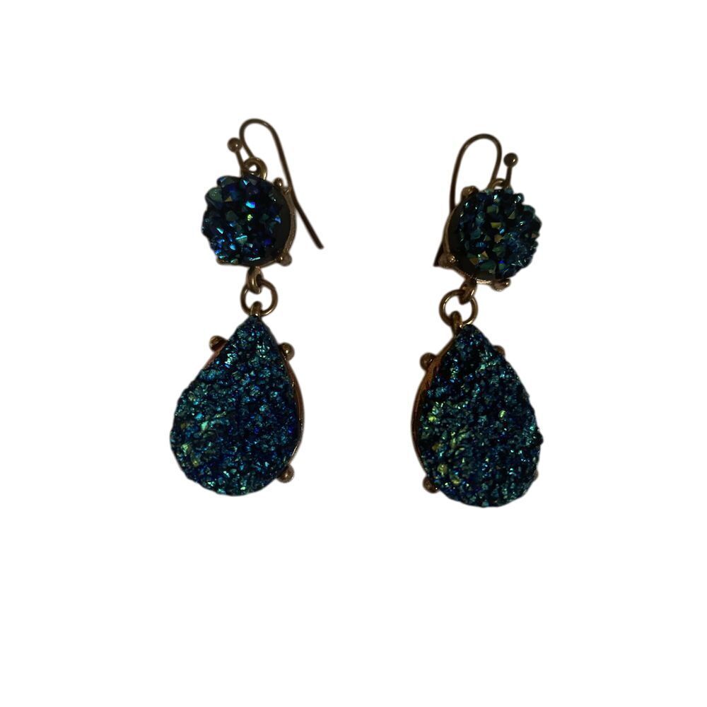 Stunning Druzy Crystal Drop Earrings Iridescent Blue Teal Boho Statement Jewelry